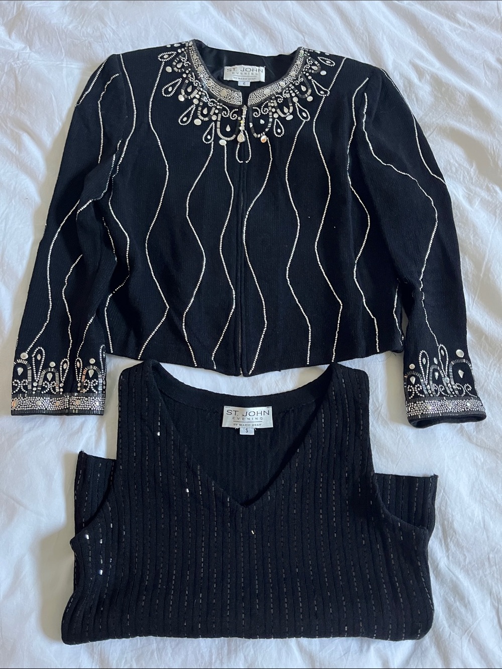 St. John evening by Marie Gray black studded embellished silver jacket and top